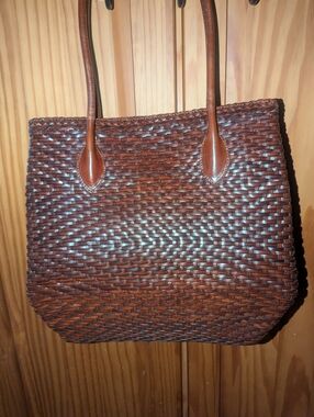 Vintage De Veechi By Hamilton Hodge Woven Leather-Trim Tote Bag in Cognac